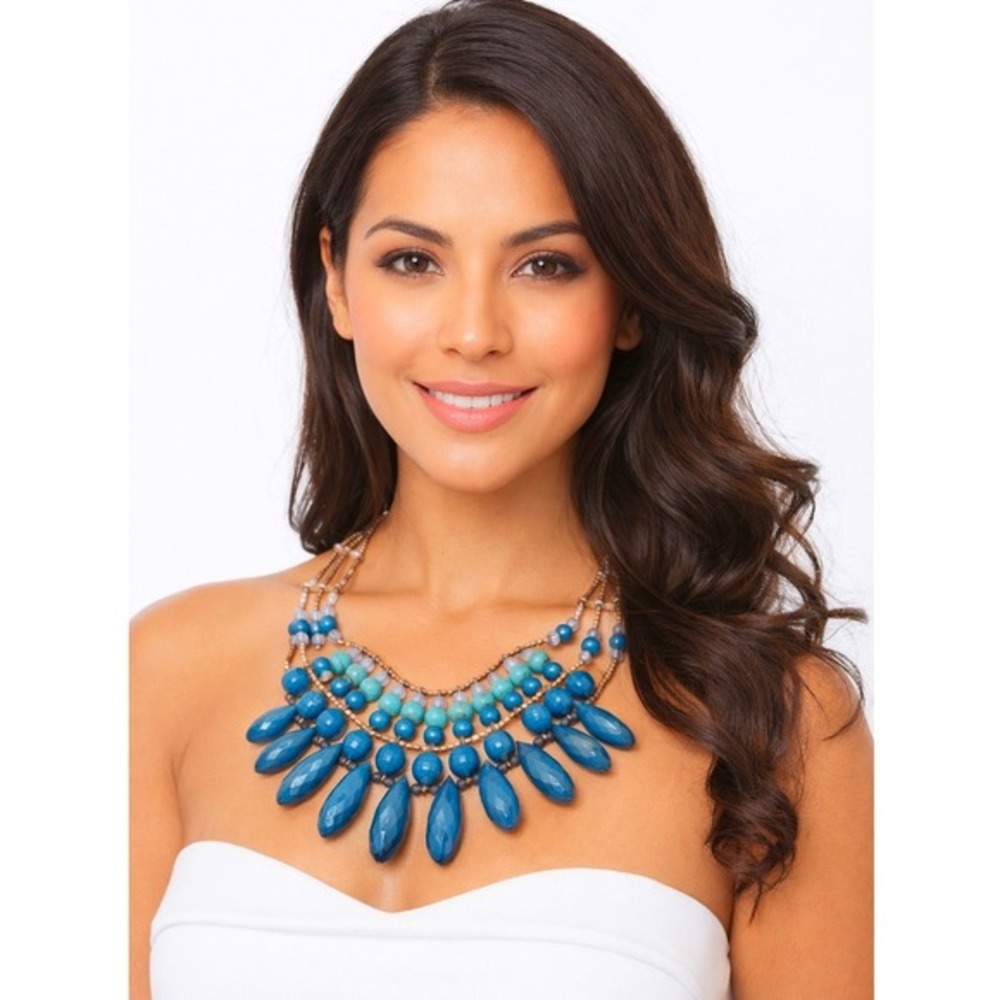 Blue Teal Turquoise Multi Strand Beaded‎ Bib Necklace Faceted Teardrop Boho J-01